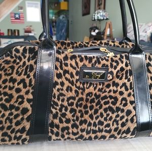 Sharif plush leopard print oversized Dr's bag.  Patent leather trim.